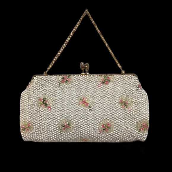 Handbags - Vintage Frame Beaded Evening Bag, Ivory, Clear, Pink, Green Beading, Kiss Clasp